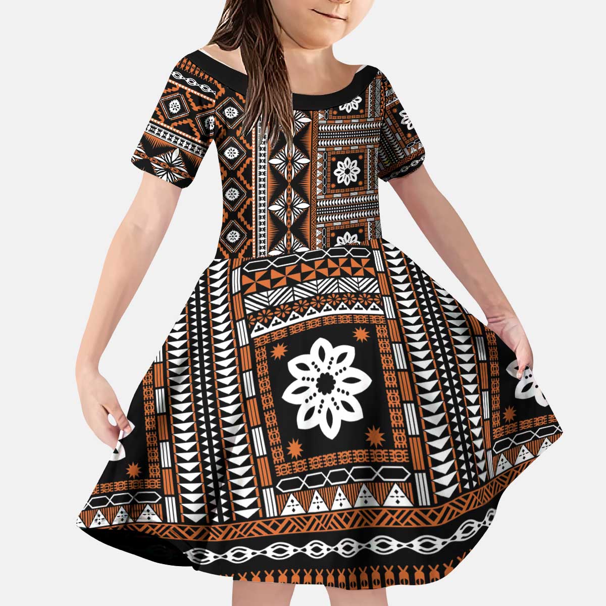 Fiji Masi Tapa Pattern Orange Kid Short Sleeve Dress - Polynesian Pride