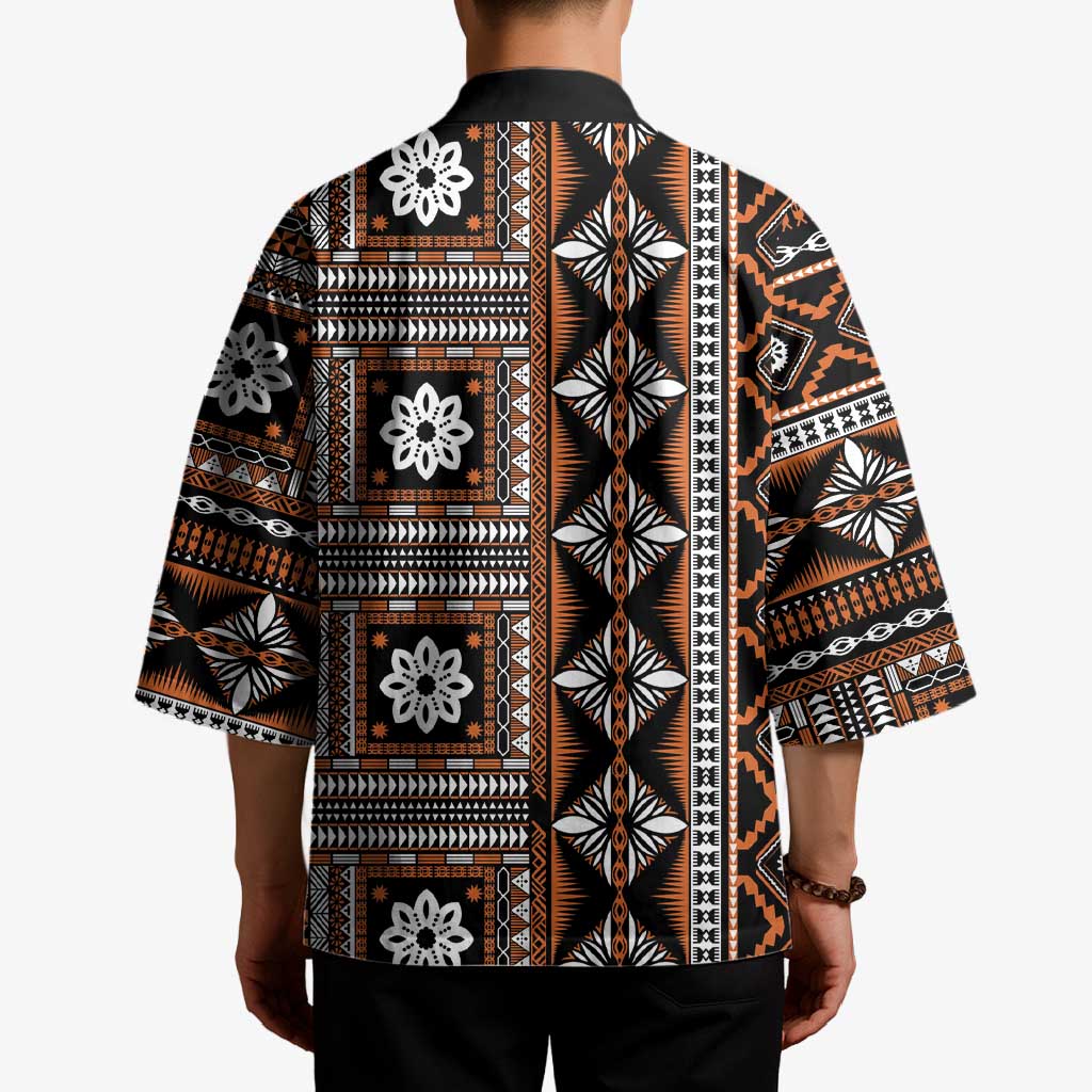 Fiji Masi Tapa Pattern Orange Kimono - Polynesian Pride