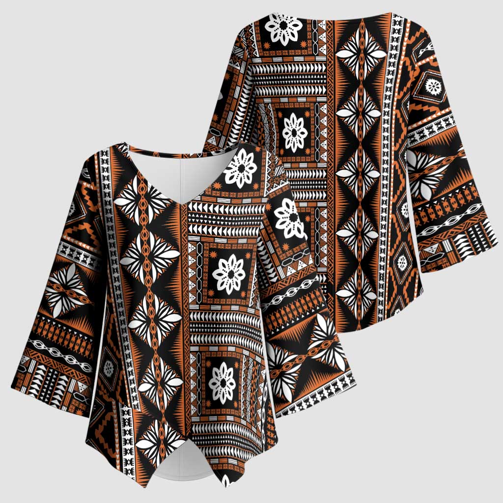 Fiji Masi Tapa Pattern Orange Kimono Sleeve Blouse - Polynesian Pride