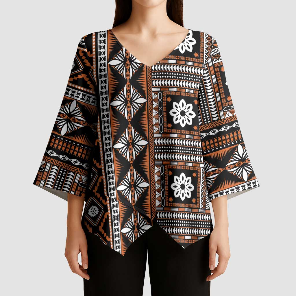 Fiji Masi Tapa Pattern Orange Kimono Sleeve Blouse - Polynesian Pride
