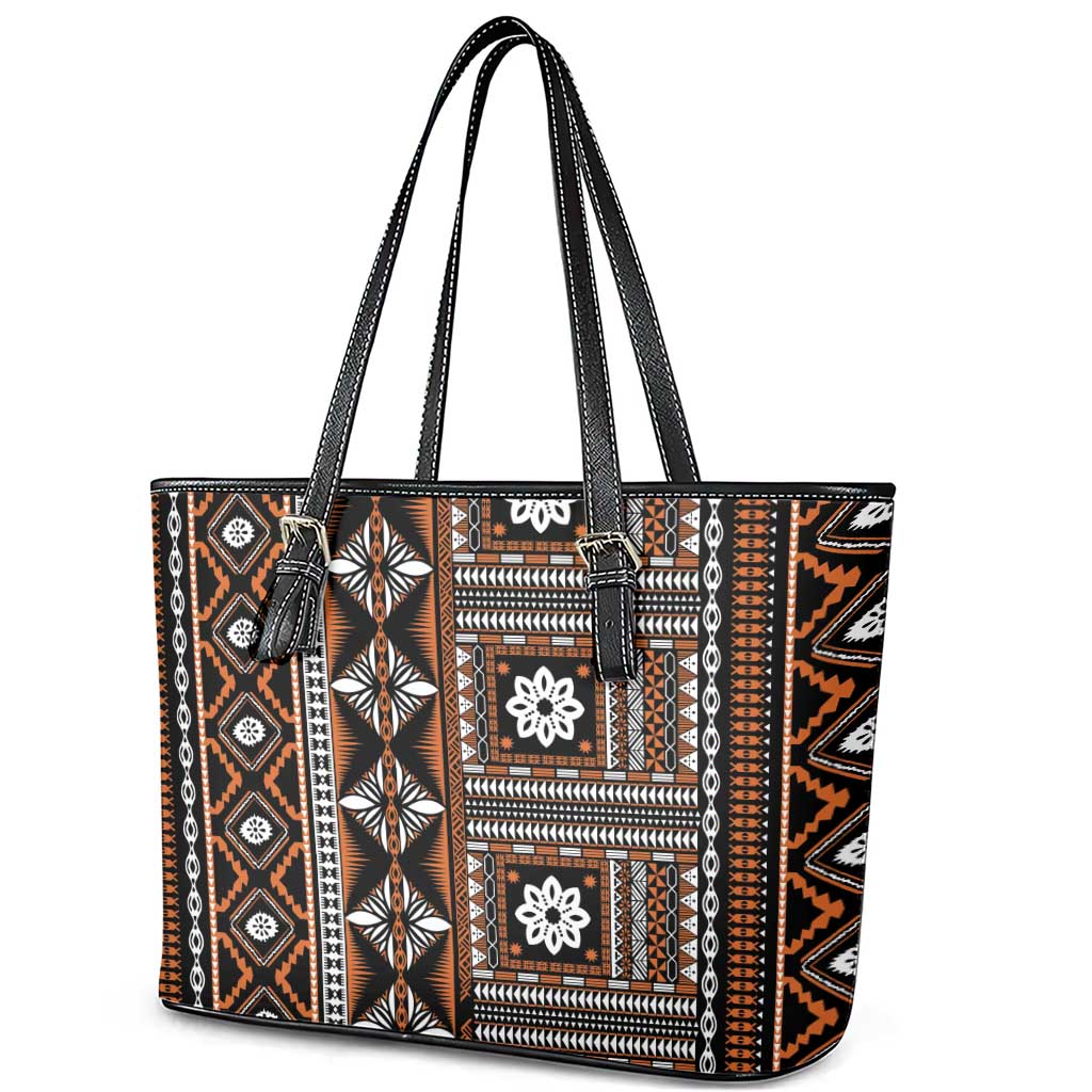 Fiji Masi Tapa Pattern Orange Leather Tote Bag - Polynesian Pride