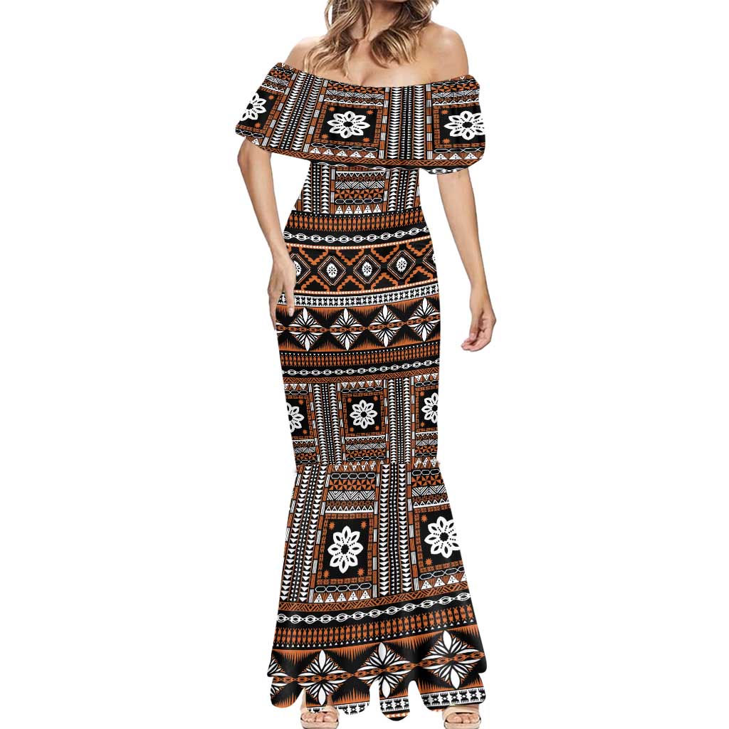 Fiji Masi Tapa Pattern Orange Mermaid Dress - Polynesian Pride