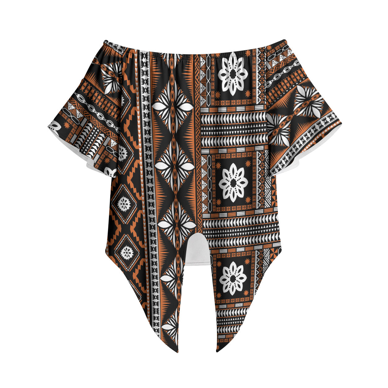 Fiji Masi Tapa Pattern Orange Off Shoulder Wrap Waist Top LT01 Orange - Polynesian Pride
