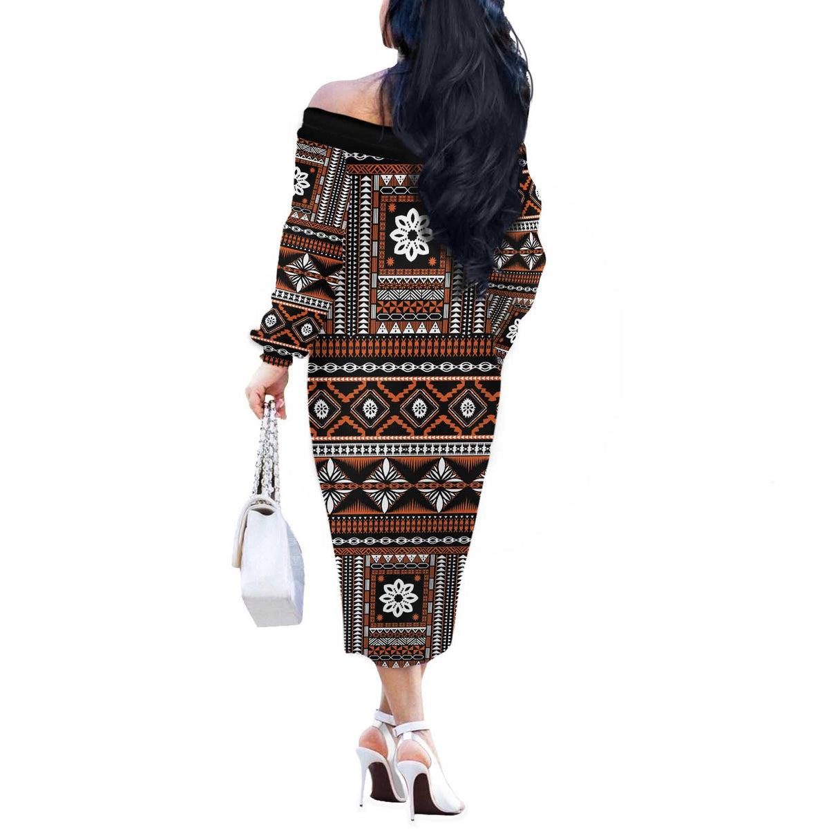 Fiji Masi Tapa Pattern Orange Off The Shoulder Long Sleeve Dress - Polynesian Pride