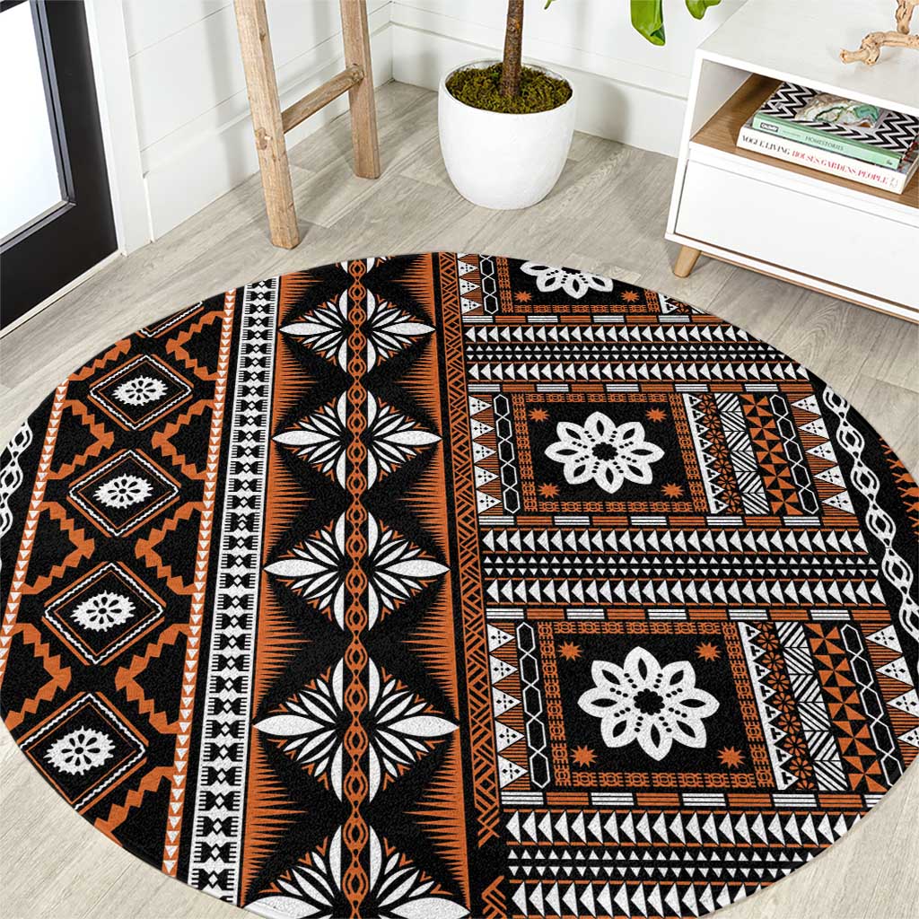 Fiji Masi Tapa Pattern Orange Round Carpet - Polynesian Pride