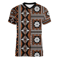 Fiji Masi Tapa Pattern Orange Women V-Neck T-Shirt - Polynesian Pride