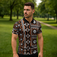 Fiji Masi Tapa Pattern Orange Zipper Polo Shirt - Polynesian Pride