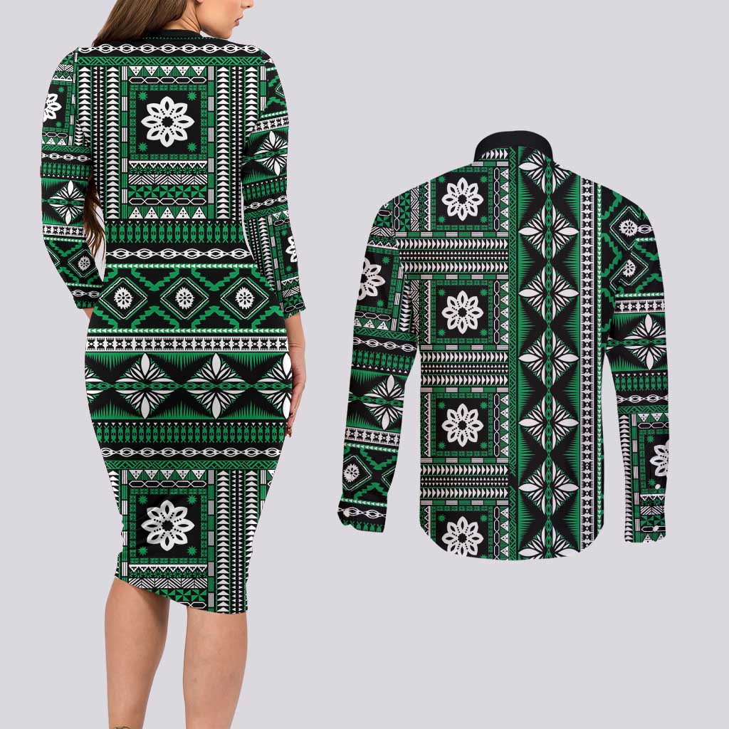 Fiji Masi Tapa Pattern Green Couples Matching Long Sleeve Bodycon Dress and Long Sleeve Button Shirt - Polynesian Pride