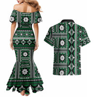 Fiji Masi Tapa Pattern Green Couples Matching Mermaid Dress and Hawaiian Shirt - Polynesian Pride