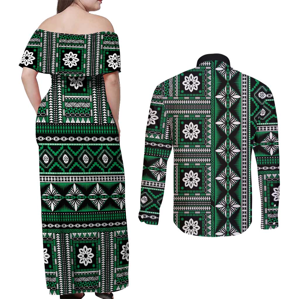 Fiji Masi Tapa Pattern Green Couples Matching Off Shoulder Maxi Dress and Long Sleeve Button Shirt - Polynesian Pride