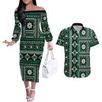 Fiji Masi Tapa Pattern Green Couples Matching Off The Shoulder Long Sleeve Dress and Hawaiian Shirt - Polynesian Pride
