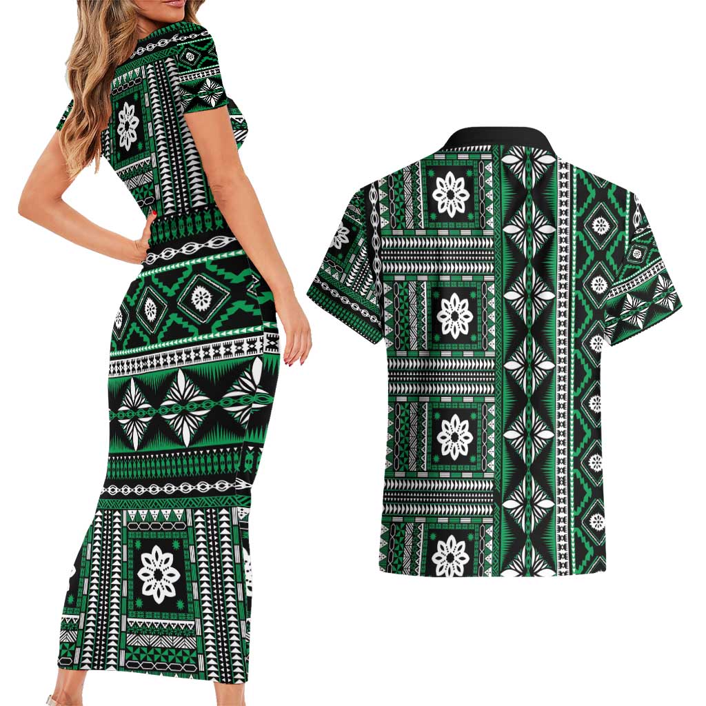 Fiji Masi Tapa Pattern Green Couples Matching Short Sleeve Bodycon Dress and Hawaiian Shirt - Polynesian Pride