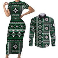 Fiji Masi Tapa Pattern Green Couples Matching Short Sleeve Bodycon Dress and Long Sleeve Button Shirt - Polynesian Pride