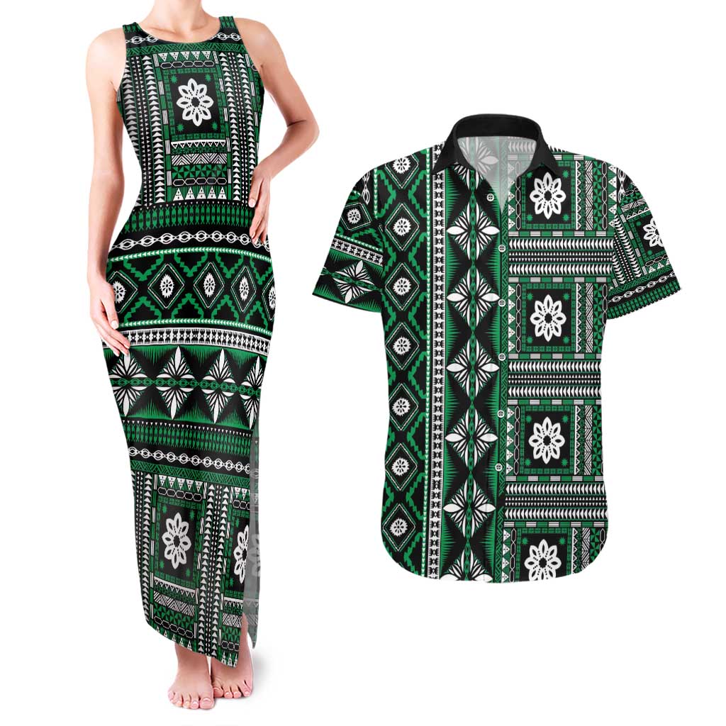 Fiji Masi Tapa Pattern Green Couples Matching Tank Maxi Dress and Hawaiian Shirt - Polynesian Pride