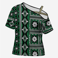 Fiji Masi Tapa Pattern Green Cross Shoulder Shirt - Polynesian Pride