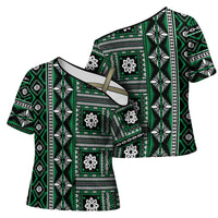 Fiji Masi Tapa Pattern Green Cross Shoulder Shirt - Polynesian Pride