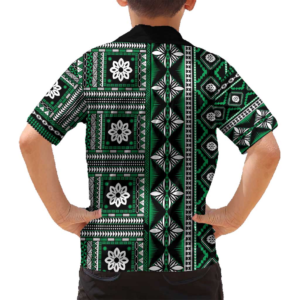 Fiji Masi Tapa Pattern Green Family Matching Long Sleeve Bodycon Dress and Hawaiian Shirt - Polynesian Pride