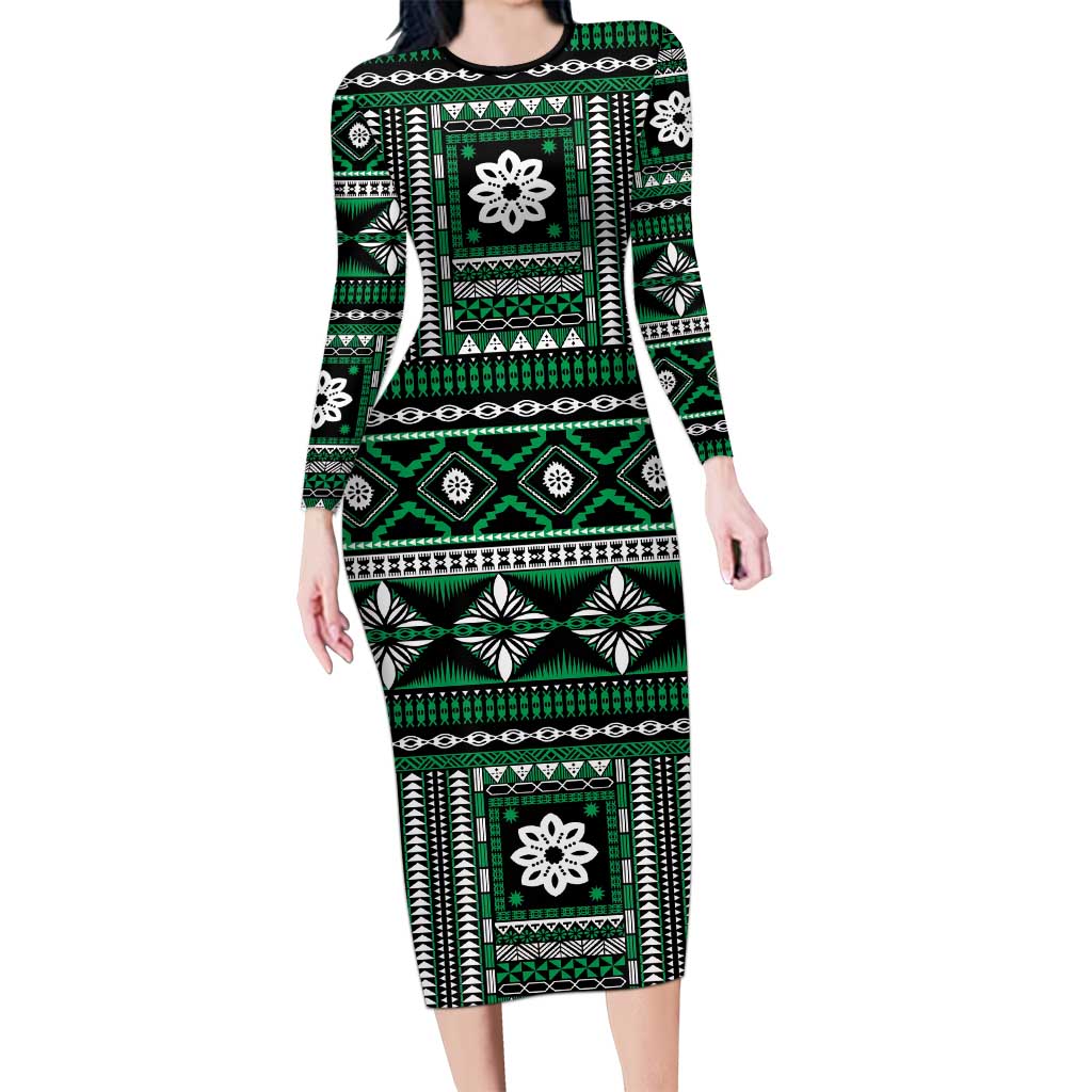 Fiji Masi Tapa Pattern Green Family Matching Long Sleeve Bodycon Dress and Hawaiian Shirt - Polynesian Pride