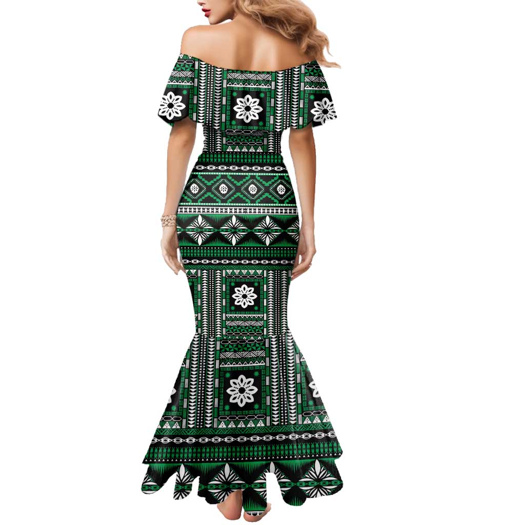 Fiji Masi Tapa Pattern Green Family Matching Mermaid Dress and Hawaiian Shirt - Polynesian Pride