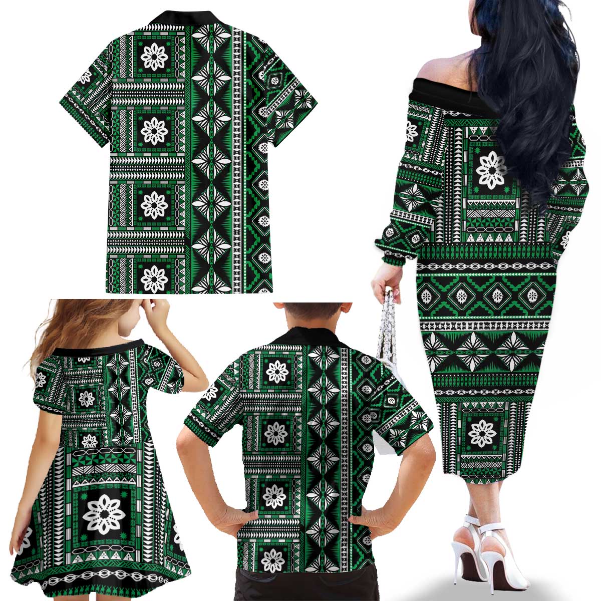 Fiji Masi Tapa Pattern Green Family Matching Off The Shoulder Long Sleeve Dress and Hawaiian Shirt - Polynesian Pride