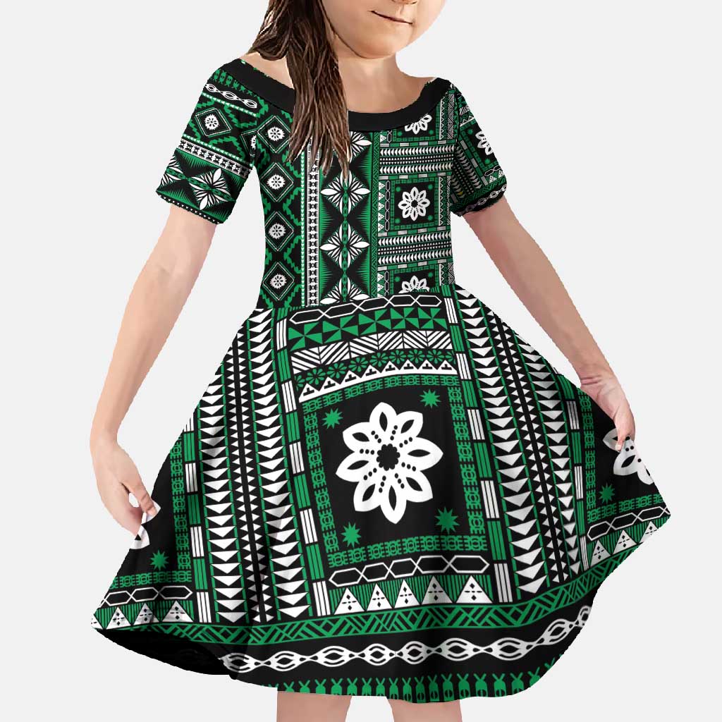 Fiji Masi Tapa Pattern Green Family Matching Off Shoulder Maxi Dress and Hawaiian Shirt - Polynesian Pride