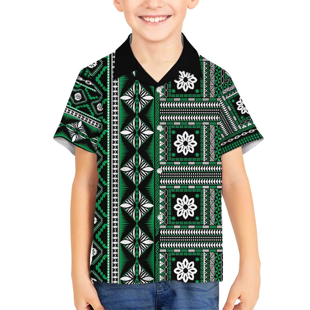 Fiji Masi Tapa Pattern Green Family Matching Off Shoulder Maxi Dress and Hawaiian Shirt - Polynesian Pride