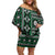 Fiji Masi Tapa Pattern Green Family Matching Off Shoulder Short Dress and Hawaiian Shirt - Polynesian Pride