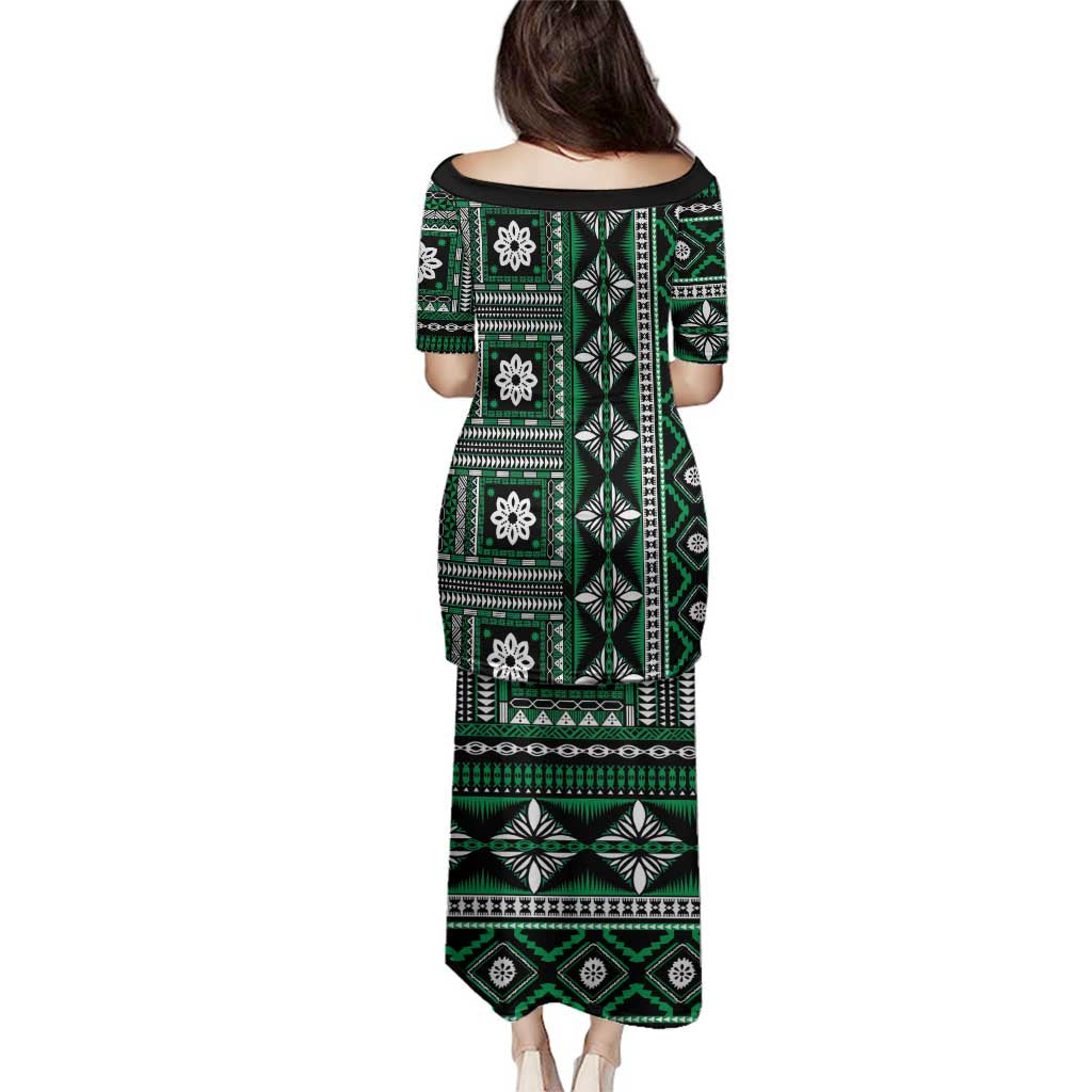 Fiji Masi Tapa Pattern Green Family Matching Puletasi and Hawaiian Shirt - Polynesian Pride