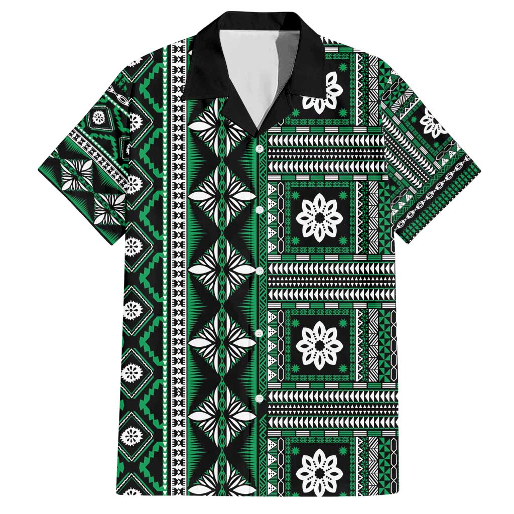 Fiji Masi Tapa Pattern Green Family Matching Short Sleeve Bodycon Dress and Hawaiian Shirt - Polynesian Pride