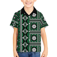 Fiji Masi Tapa Pattern Green Family Matching Short Sleeve Bodycon Dress and Hawaiian Shirt - Polynesian Pride