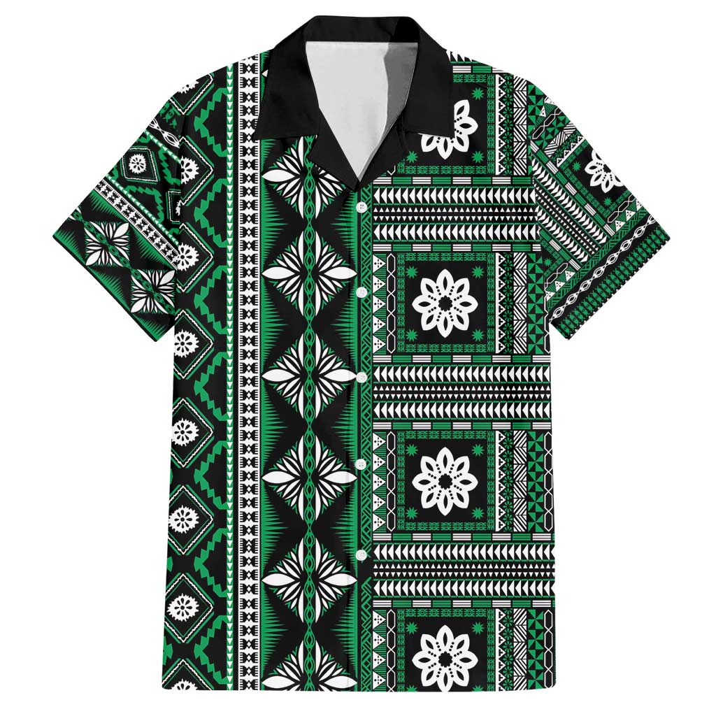 Fiji Masi Tapa Pattern Green Family Matching Summer Maxi Dress and Hawaiian Shirt - Polynesian Pride