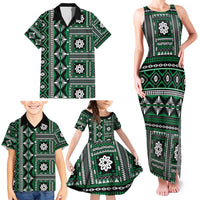 Fiji Masi Tapa Pattern Green Family Matching Tank Maxi Dress and Hawaiian Shirt - Polynesian Pride