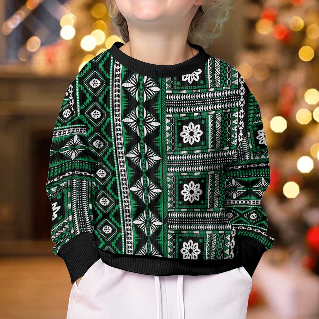 Fiji Masi Tapa Pattern Green Kid Ugly Christmas Sweater - Polynesian Pride