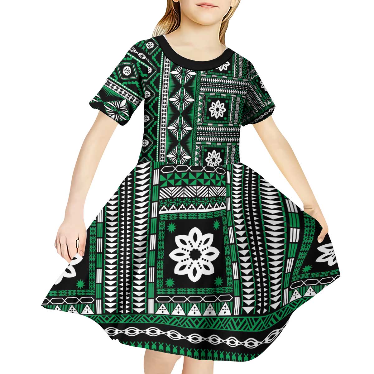 Fiji Masi Tapa Pattern Green Kid Short Sleeve Dress - Polynesian Pride