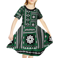 Fiji Masi Tapa Pattern Green Kid Short Sleeve Dress - Polynesian Pride