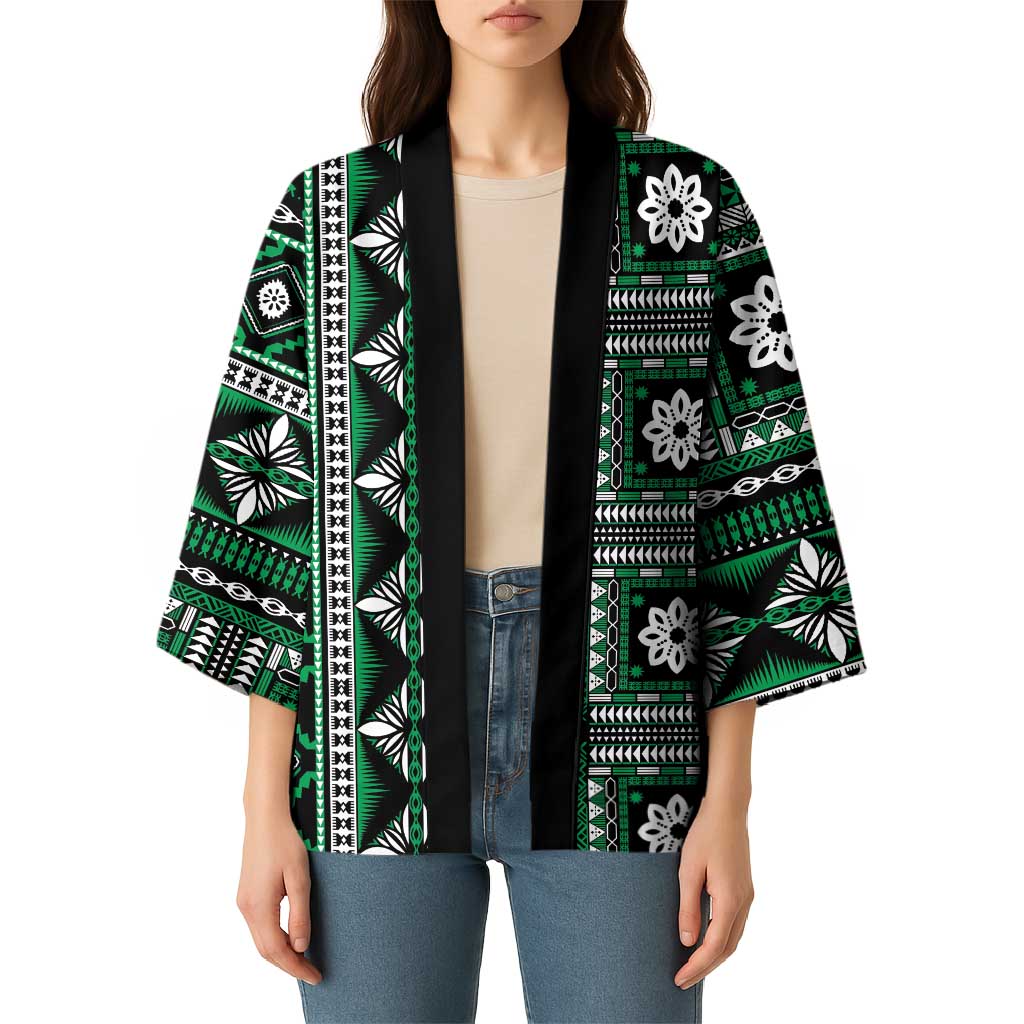 Fiji Masi Tapa Pattern Green Kimono - Polynesian Pride