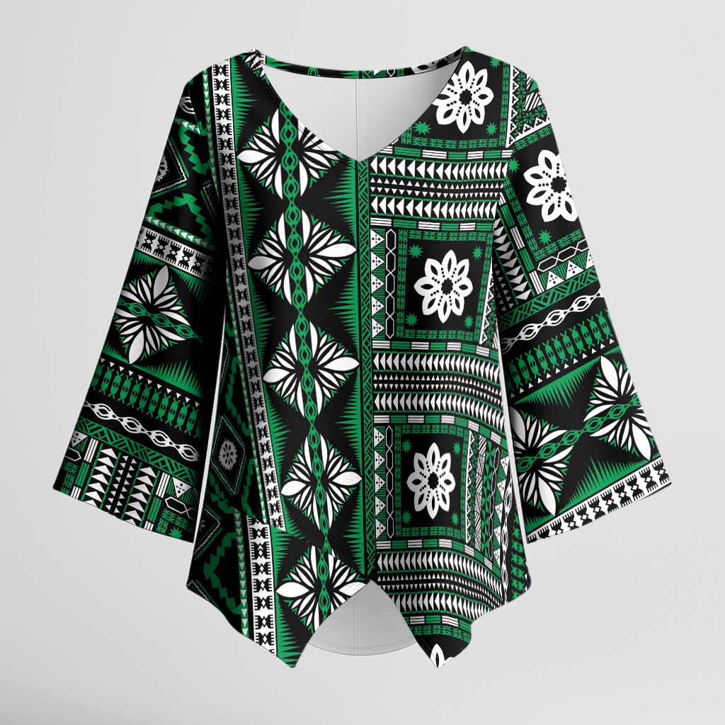 Fiji Masi Tapa Pattern Green Kimono Sleeve Blouse - Polynesian Pride