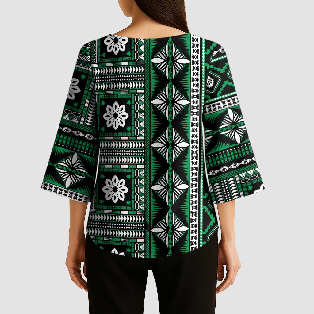 Fiji Masi Tapa Pattern Green Kimono Sleeve Blouse - Polynesian Pride