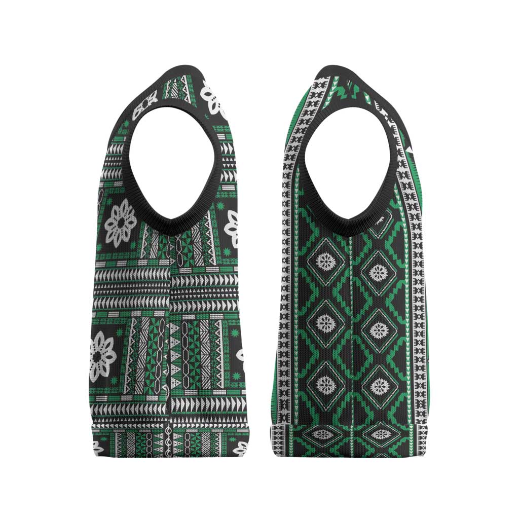 Fiji Masi Tapa Pattern Green Christmas Knitted V-Neck Vest - Polynesian Pride