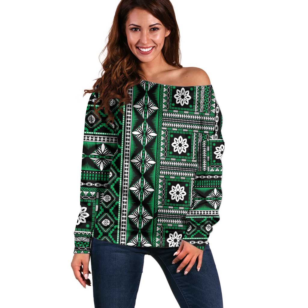 Fiji Masi Tapa Pattern Green Off Shoulder Sweater - Polynesian Pride