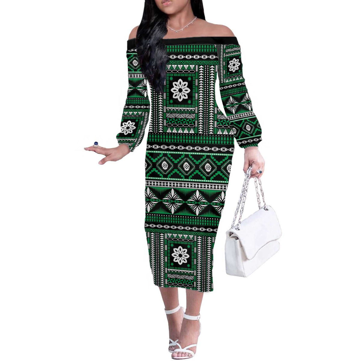Fiji Masi Tapa Pattern Green Off The Shoulder Long Sleeve Dress - Polynesian Pride
