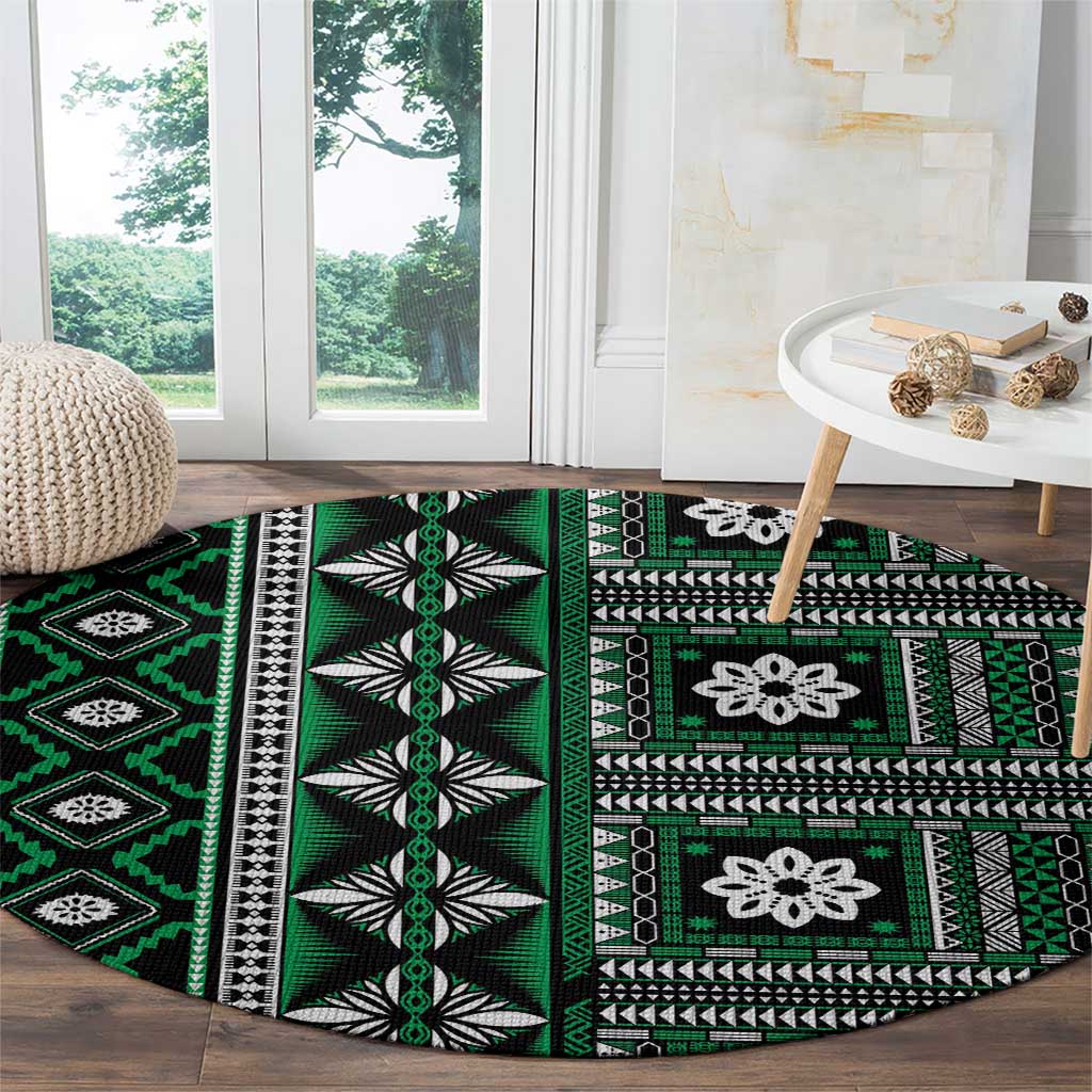 Fiji Masi Tapa Pattern Green Round Carpet - Polynesian Pride