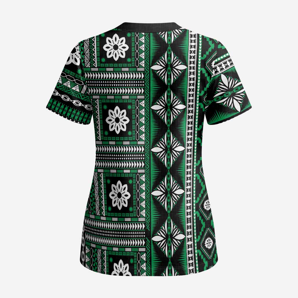 Fiji Masi Tapa Pattern Green Scrub Top - Polynesian Pride