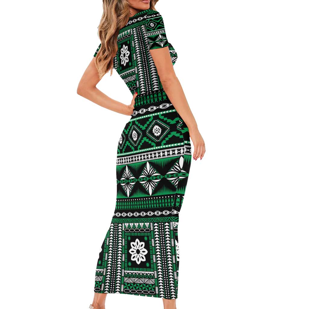 Fiji Masi Tapa Pattern Green Short Sleeve Bodycon Dress - Polynesian Pride