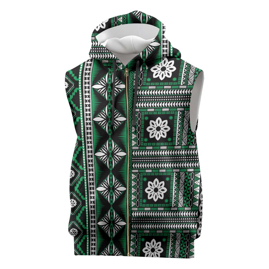 Fiji Masi Tapa Pattern Green Sleeveless Zip Hoodie - Polynesian Pride