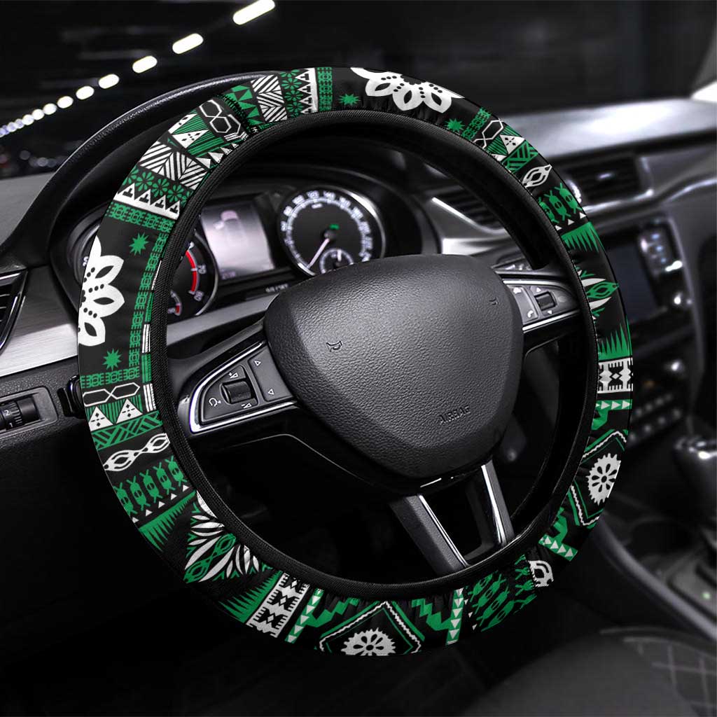 Fiji Masi Tapa Pattern Green Steering Wheel Cover - Polynesian Pride