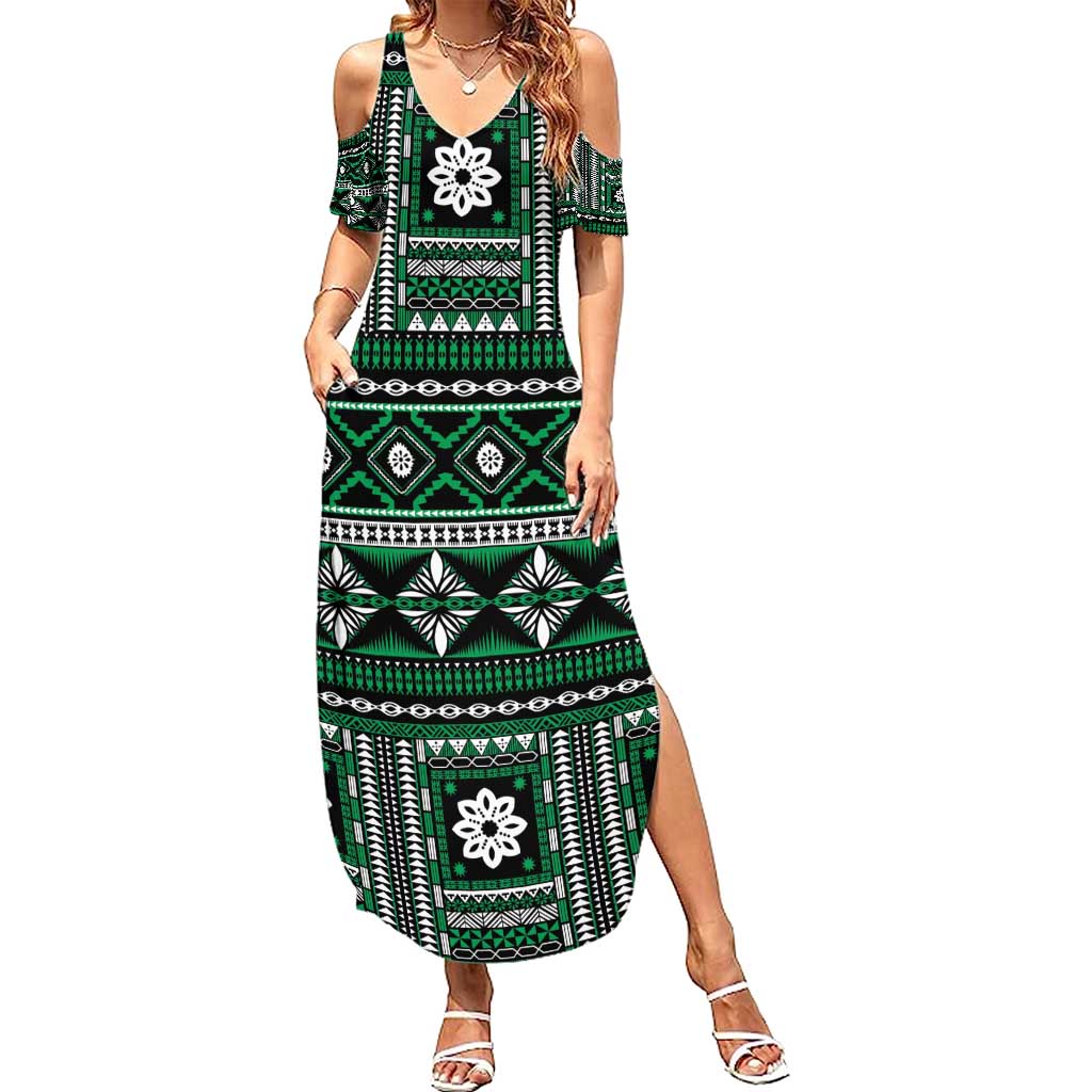 Fiji Masi Tapa Pattern Green Summer Maxi Dress - Polynesian Pride