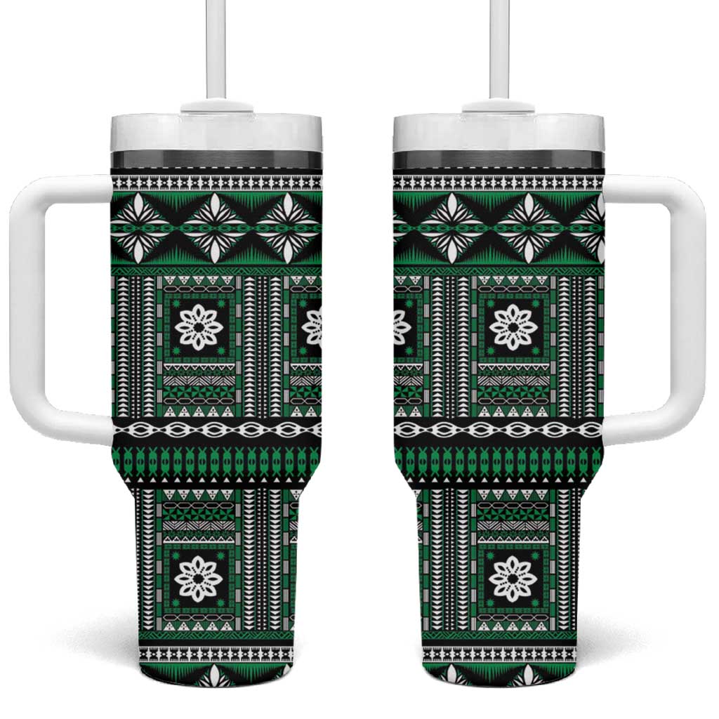 Fiji Masi Tapa Pattern Green Tumbler With Handle - Polynesian Pride