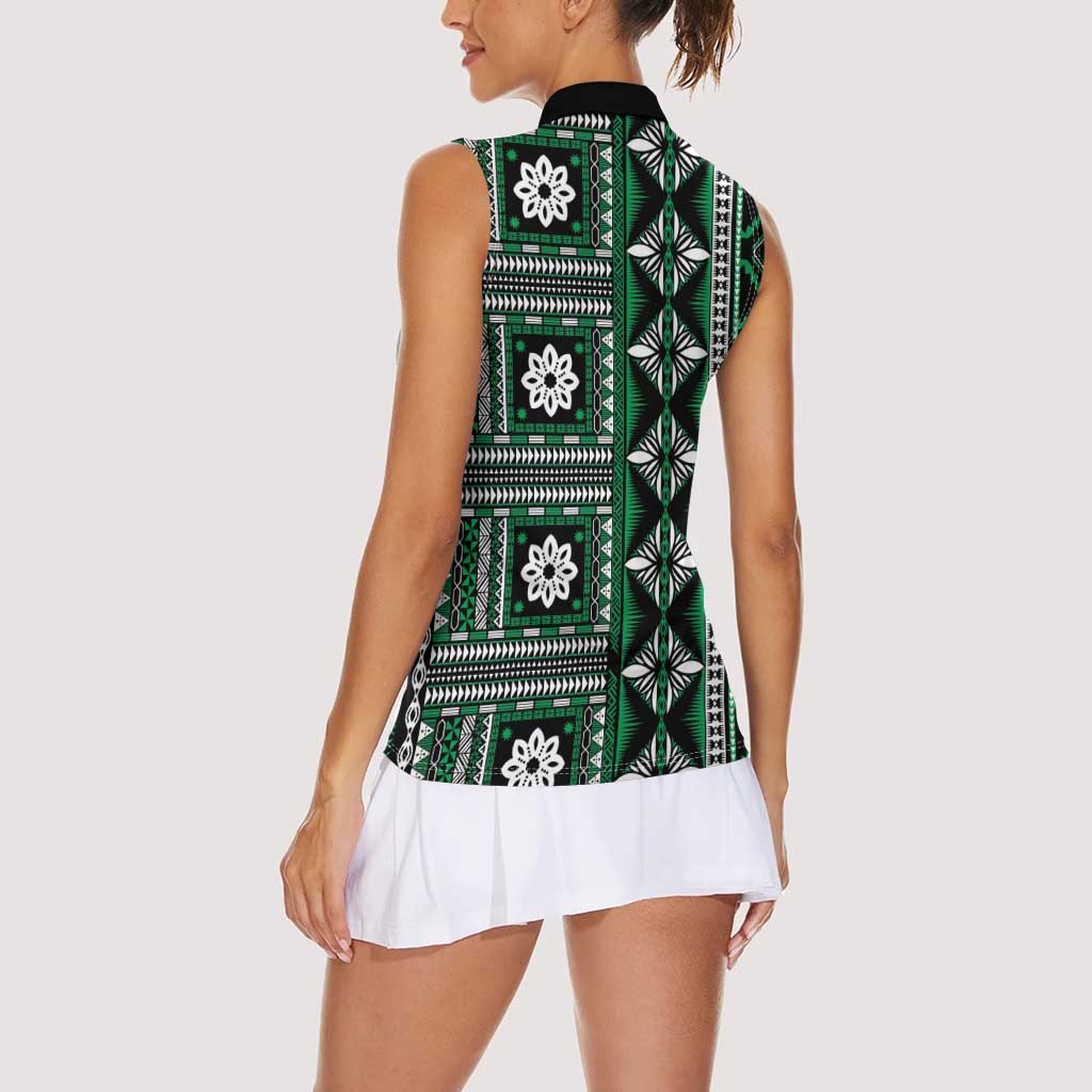 Fiji Masi Tapa Pattern Green Women Sleeveless Polo Shirt - Polynesian Pride