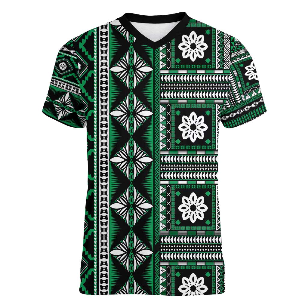 Fiji Masi Tapa Pattern Green Women V-Neck T-Shirt - Polynesian Pride